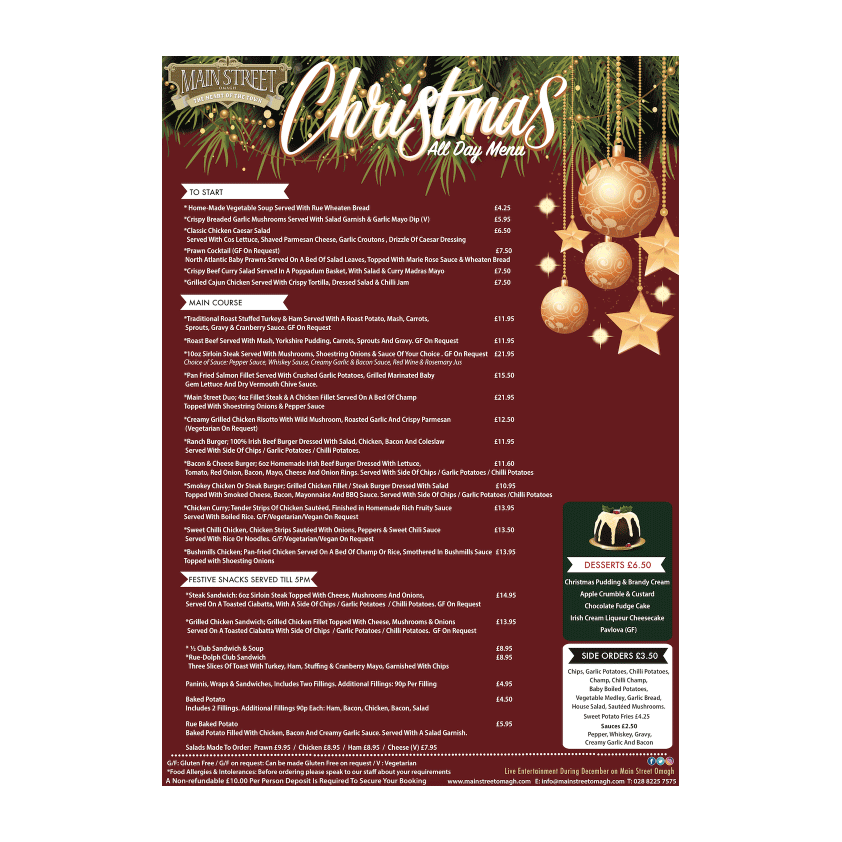 main street omagh chrismtas all day menu